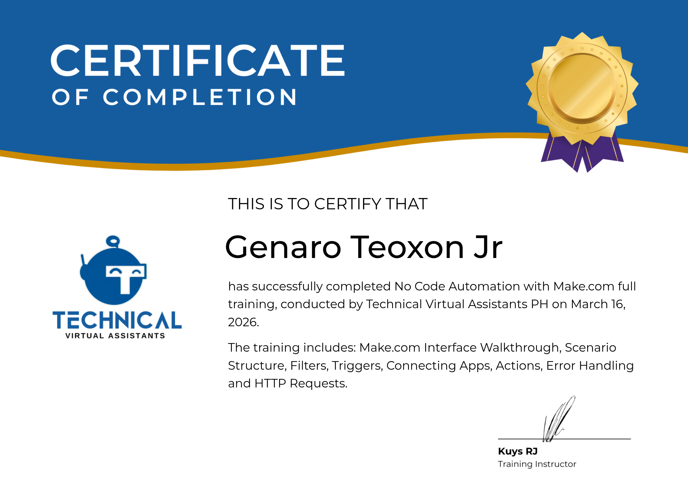 No Code Automation with Make.com Certificate